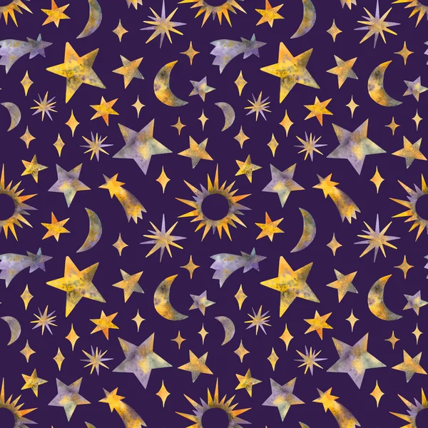 Акварельные Звезды Небесные Тела Бесшовный Рисунок Темно Фиолетовом Фоне — стоковое фото