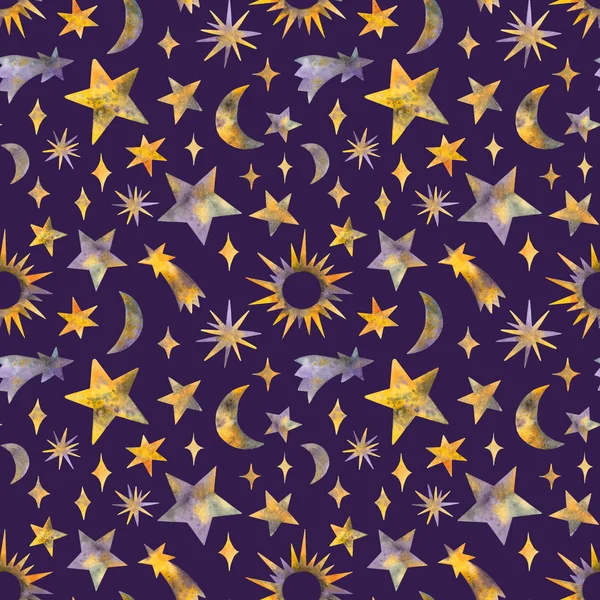 watercolor stars and celestial bodies. seamless pattern on a dark violet background