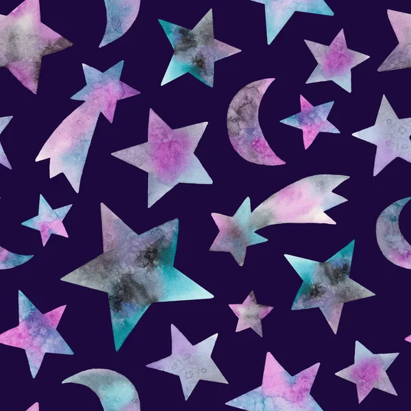 Estrellas Acuarela Cuerpos Celestes Patrón Sin Costuras Sobre Fondo Oscuro — Foto de Stock