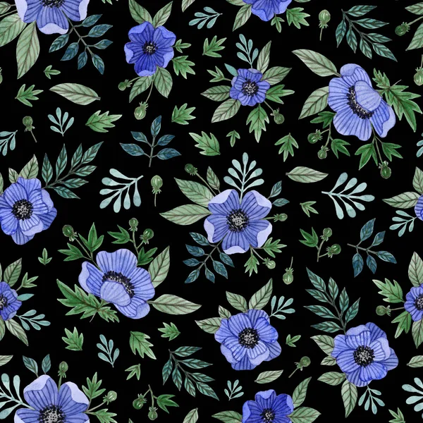 水彩の手描きの青花と葉 花ポピー アネモネを花します 黒い背景にシームレス パターン — ストック写真