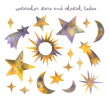 suluboya yıldız ve Gök cisimleri. Beyaz bir arka plan üzerinde izole öğeleri