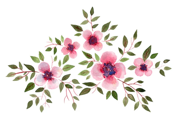 Ακουαρέλα Ροζ Λουλούδια Πράσινα Φύλλα Απομονωμένα Στοιχεία — Φωτογραφία Αρχείου