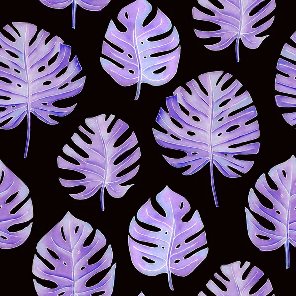 monstera lilac leaves, tropical print. seamless pattern on a black background for invitation, package design, fabric and fashion.
