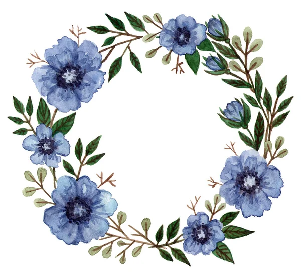 Ακουαρέλα Μπλε Λουλούδια Στέμμα Πλαίσιο Λουλουδιών Και Φύλλα Απομονωμένα Στοιχεία — Φωτογραφία Αρχείου