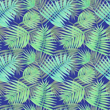 tropik bitkiler çizim ver. Palm seamless modeli mavi bir arka plan üzerinde bırakır.