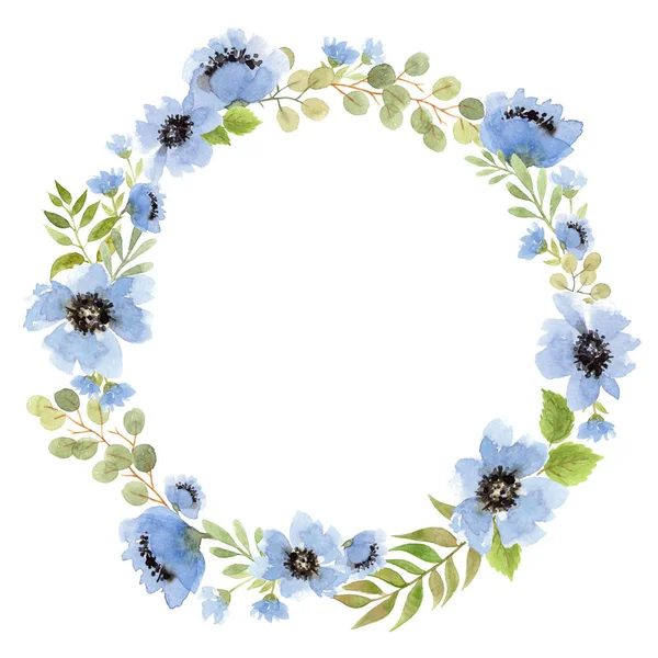 Ακουαρέλα Μπλε Λουλούδια Στέμμα Πλαίσιο Λουλουδιών Και Φύλλα Απομονωμένα Στοιχεία — Φωτογραφία Αρχείου