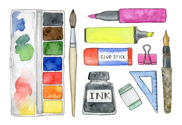 back to school. hand painted set of stationery and school supplies. isolated elements.