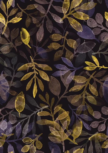 watercolor hand painted leaves and branches. seamless pattern on a dark background.