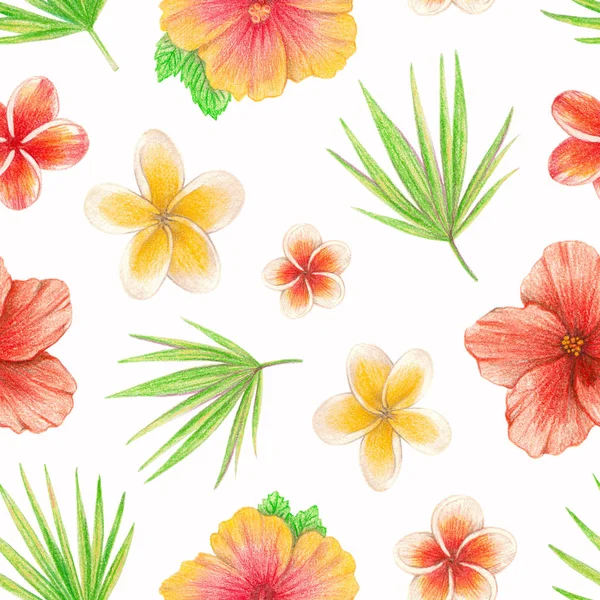 手の熱帯植物や花を描きます シームレス パターン — ストック写真