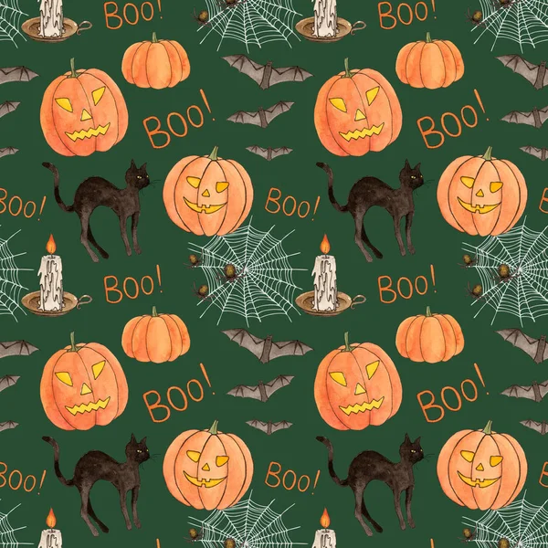 Halloween Abóboras Preto Gato Sem Costura Padrão Com Fundo Verde — Fotografia de Stock