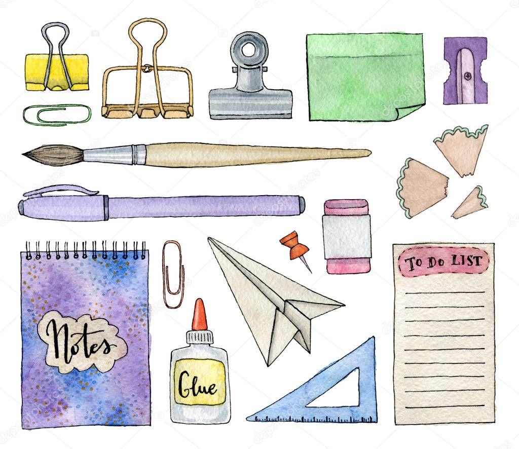 Back to school. watercolor set of illustrations. stationery and school stuff.  hand painted isolated elements.