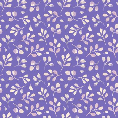 suluboya el boyama okaliptüs dalları. Lila arka planda Dikişsiz desen