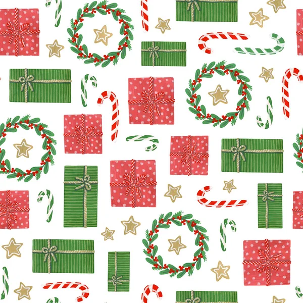 Christmas Seamless Pattern Hand Painted Gouache Gift Boxes Winter Plant — Stock Photo, Image