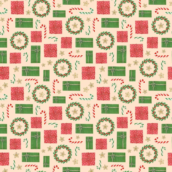 クリスマスシームレスなパターン 手描きグワッシュギフトボックス 冬の植物の花輪とキャンディー ベージュの背景 — ストック写真