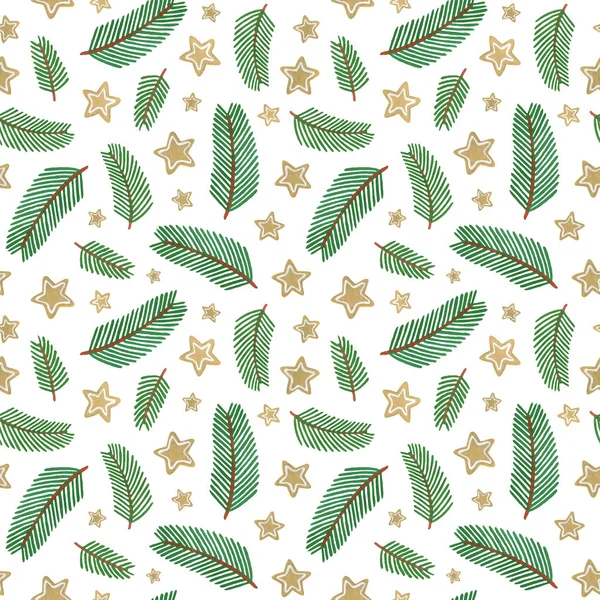 Christmas Seamless Pattern Hand Painted Gouache Pine Branches Gingerbread Stars — Stock Photo, Image