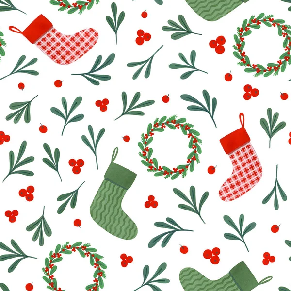 Cute Gouache Seamless Pattern Holiday Decor Fabric Packaging Christmas Decoration — Stock Photo, Image