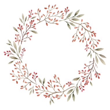 suluboya sonbahar yaprakları ve çilek çerçevesi ile dalları. El boyalı izole eleman