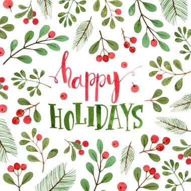 mutlu tatil kare kart. suluboya Noel illüstrasyon ve yazı.