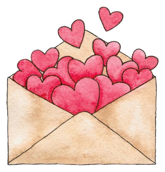 Milostný Dopis Akvarel Obálka Srdcem Izolovaný Prvek — Stock fotografie