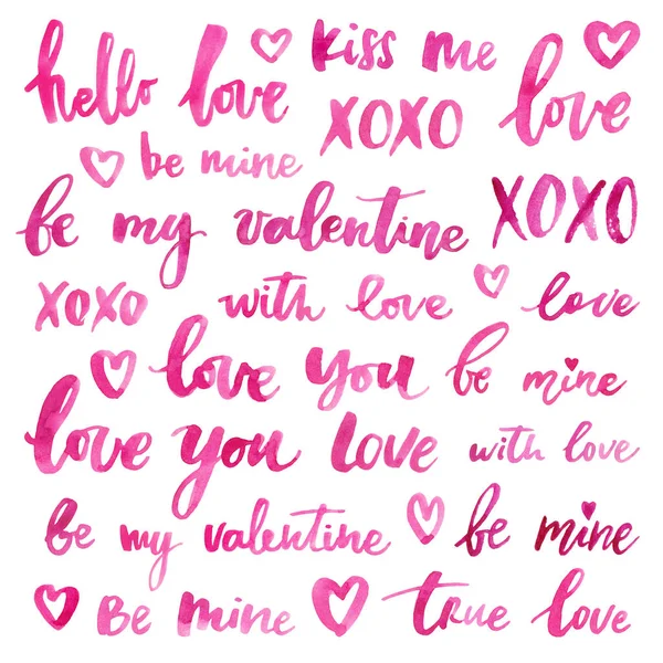 ユニークな Handdrawn 単語やフレーズの文字セット バレンタインデー グリーティングカードのロマンチックなデザイン要素は 日付の招待状カードやポスターを保存します ピンクインク — ストック写真