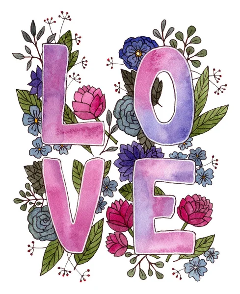 Handmalerei Illustration Aquarell Blume Wort Liebe Isoliertes Element — Stockfoto