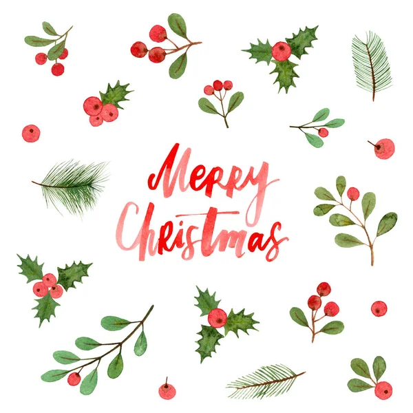 Boldog Karácsonyt Üdvözlőlap Sablon Akvarell Illusztráció Kézi Betűkkel — Stock Fotó
