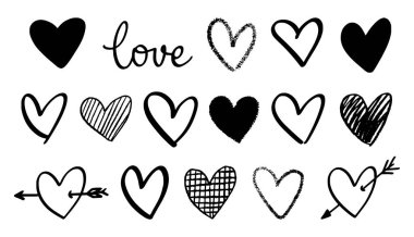 Vektör çizim aşk kelime ile kalpler seti. Sevgililer günü için kartpostal, poster, desenler ve süslemeleri için mükemmel.