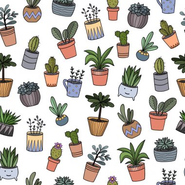 el kaplarda ev bitkileri çizim. çizgi film doodle'ları. beyaz arka plan üzerinde sorunsuz desen.