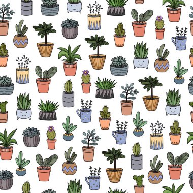 el kaplarda ev bitkileri çizim. çizgi film doodle'ları. beyaz arka plan üzerinde sorunsuz desen.