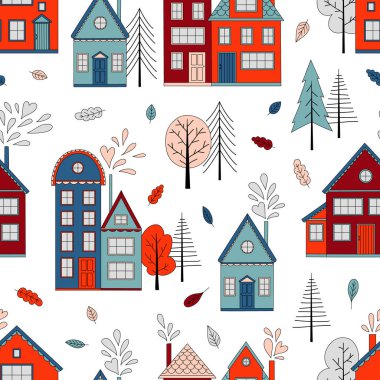 el çizilmiş evler ve ağaçlar vektör dikişsiz desen. İskandinav halk sanatı tarzı. Çocuklar kumaş, sarma ve duvar kağıdı için Hugge illüstrasyon.