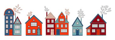 el çizilmiş evler vektör elemanları. İskandinav halk sanatı tarzı. Tebrik kartları, kreş posteri, kumaş, sarma ve duvar kağıdı için Hugge illüstrasyon.