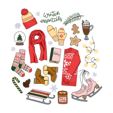 Kış esasları koleksiyonu. El çizimi vektör elemanları ayarlandı. Tatil kartı, poster, baskı, çıkartma, sosyal medya için.