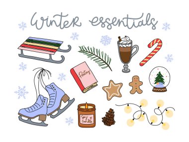 Kış esasları koleksiyonu. El çizimi vektör elemanları ayarlandı. Tatil kartı, poster, baskı, çıkartma, sosyal medya için.