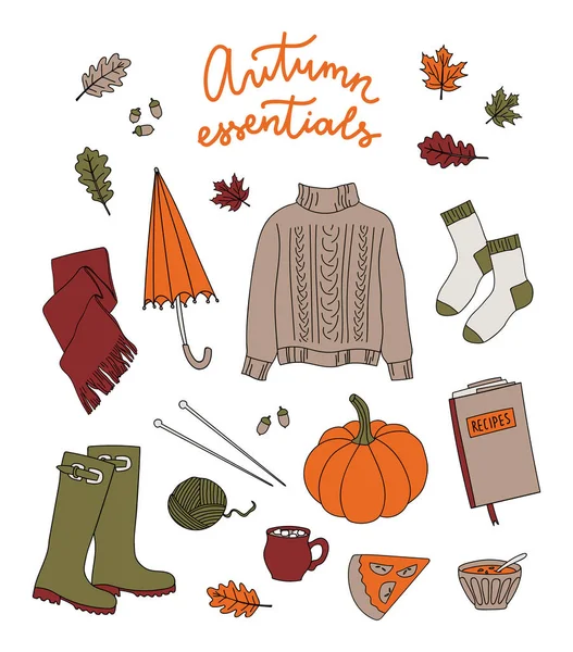 Herfst Essentials Collectie Hand Getekende Vectorelementen Set Voor Briefkaart Poster — Stockvector