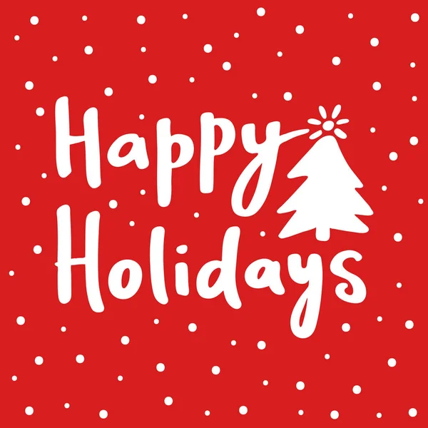 幸せな休日 クリスマスツリーとドットと赤い背景に白い手のレタリング グリーティングカード ポスター 印刷物 ステッカー ソーシャルメディア テンプレートバナーのためのクリスマスの休日のお祝い — ストックベクタ