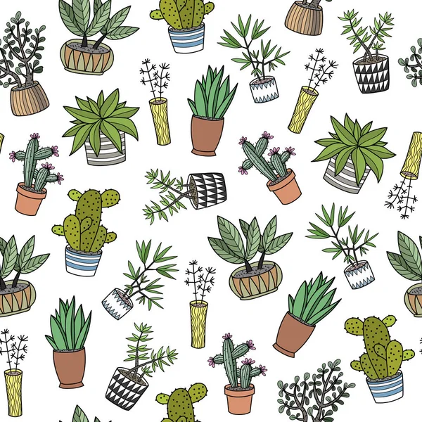 Kézzel Rajz Házi Növények Cserépben Rajzfilm Doodles Folytonos Mintázat Fehér — Stock Vector