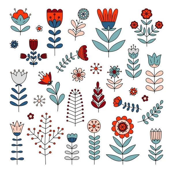 Hand Getekende Bloemen Vectorelementen Scandinavische Volkskunst Stijl Hugge Illustratie Voor — Stockvector