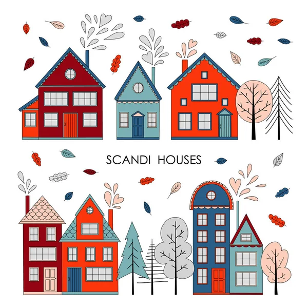 Handgezeichnete Häuser Und Bäume Vektorelemente Skandinavische Volkskunst Hugge Illustration Für — Stockvektor