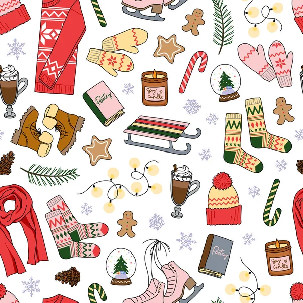 Winter Fashion Essentials Hand Drawn Vector Seamless Pattern Holiday Wrapping — 스톡 벡터