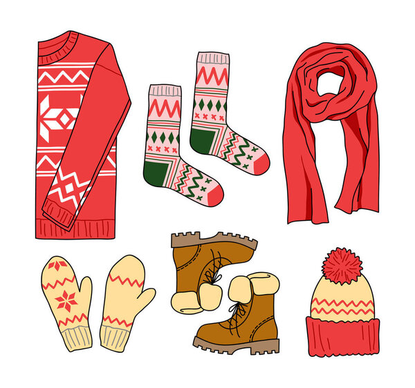 Коллекция зимней одежды. набор векторных элементов ручной работы. на праздничные открытки, плакат, печать, наклейки, социальные сети
.