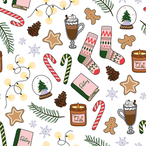 Winter Essentials Hand Drawn Vector Seamless Pattern Holiday Wrapping Paper — 스톡 벡터