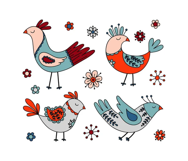 Dibujado Mano Soñando Pájaros Flores Vector Elementos Estilo Escandinavo Arte — Archivo Imágenes Vectoriales