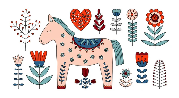 Kreslené Prvky Pro Spící Koně Květiny Skandinávský Folkový Styl Obrázek — Stockový vektor