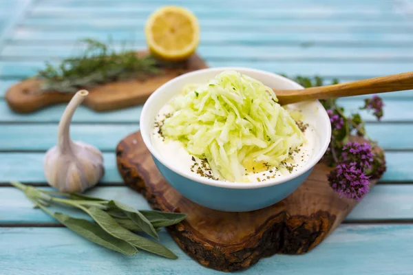 Traditional Greek Tzatziki Sauce Ingredients Recipe — Stock Photo, Image