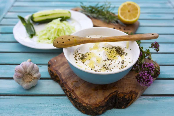 Traditional Greek Tzatziki Sauce Ingredients Recipe — Stock Photo, Image