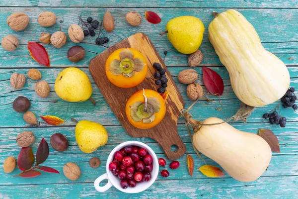 Colheita Outono Frutas Legumes Outono Fundo Madeira — Fotografia de Stock