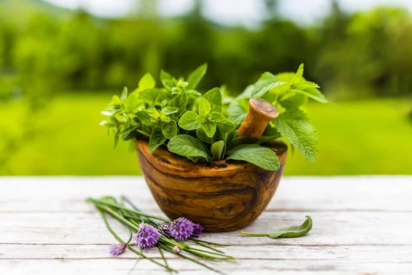 Tahta bir havanda taze ve aromatik bitkiler..