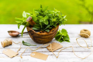 Tahta bir havanda taze ve aromatik bitkiler..