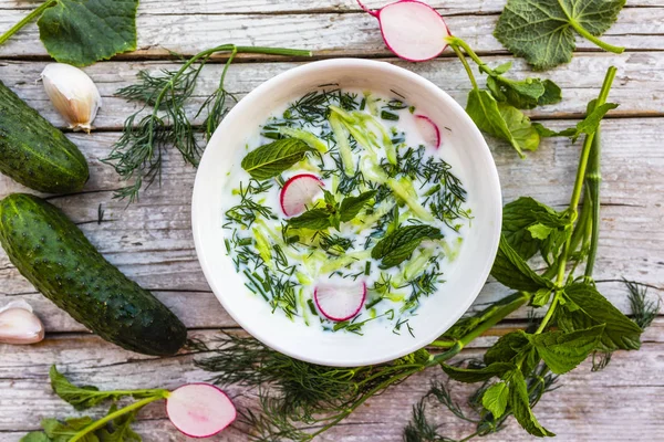 Fresh Cold Soup Cucumber Herbs — Stock Photo, Image
