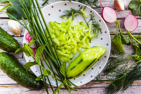 Fresh Vegetables Ingredients Cold Soup — Stock Photo, Image